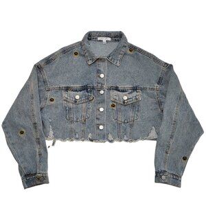 Cloud Ten Denim Jacket Distressed Cropped Smiley Face Patches Grunge Streetwear